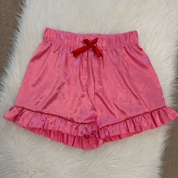 Rampage Pants - Rampage Pink Satin Ruffle Shorts with Red Bow Large